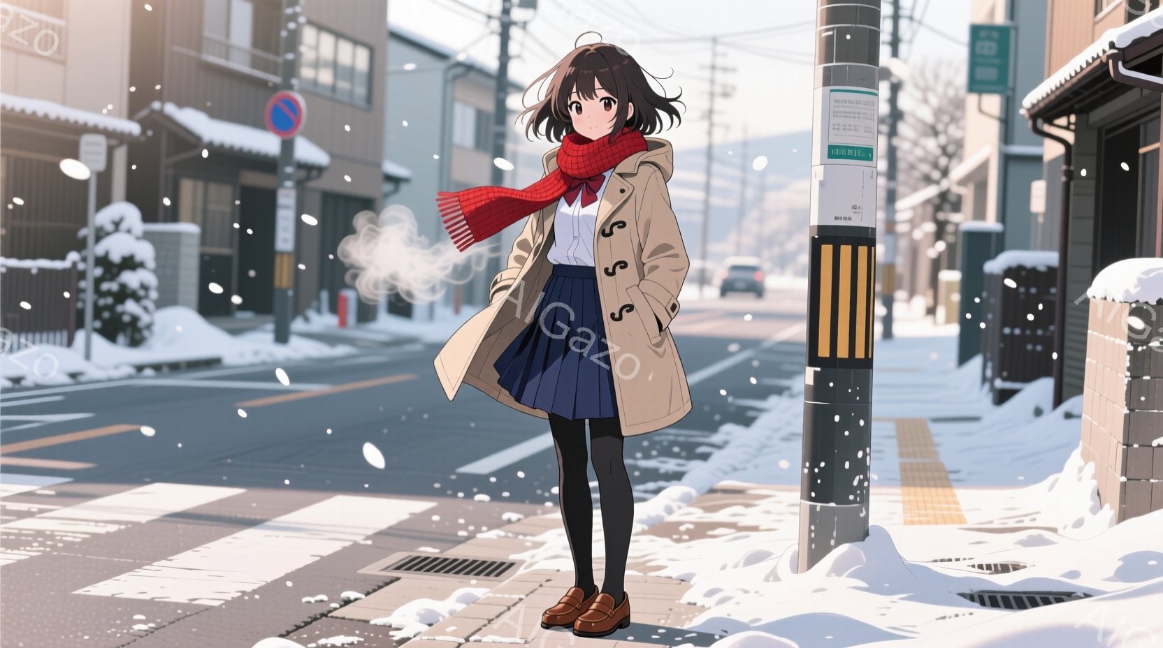 茶髪の少女が、ベージュ色のトレンチコートと紺色のプリーツスカート、赤いマフラーを身につけ、横断歩道の上に立っています。彼女は少し前かがみになり、手はコートのポケットに入れています。背景には雪が積もった建物と道路があり、雪が舞い降りる冬の風景が広がっています。