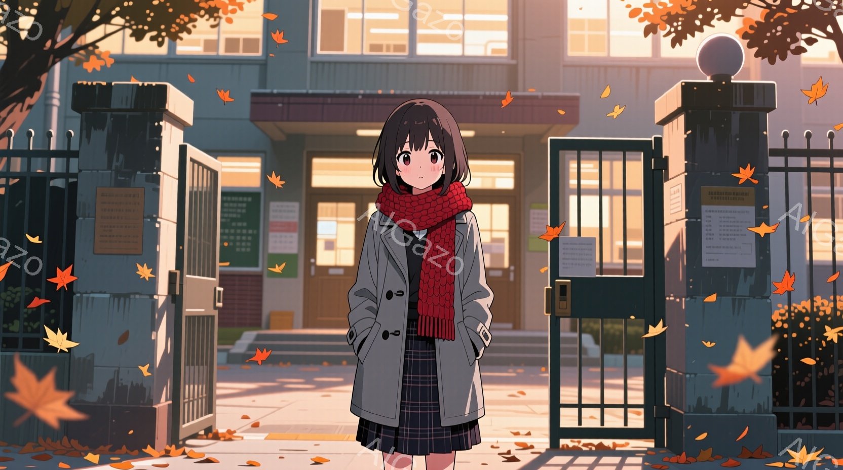 茶髪の少女が、秋の校門の前で立っている。紺色のセーラー服に赤いマフラーを巻き、少し寂しそうな表情をしている。背景にはレンガ造りの校舎と、舞い散る紅葉があり、秋の夕暮れのような、物憂げで美しい雰囲気を醸 - AI生成フリー素材