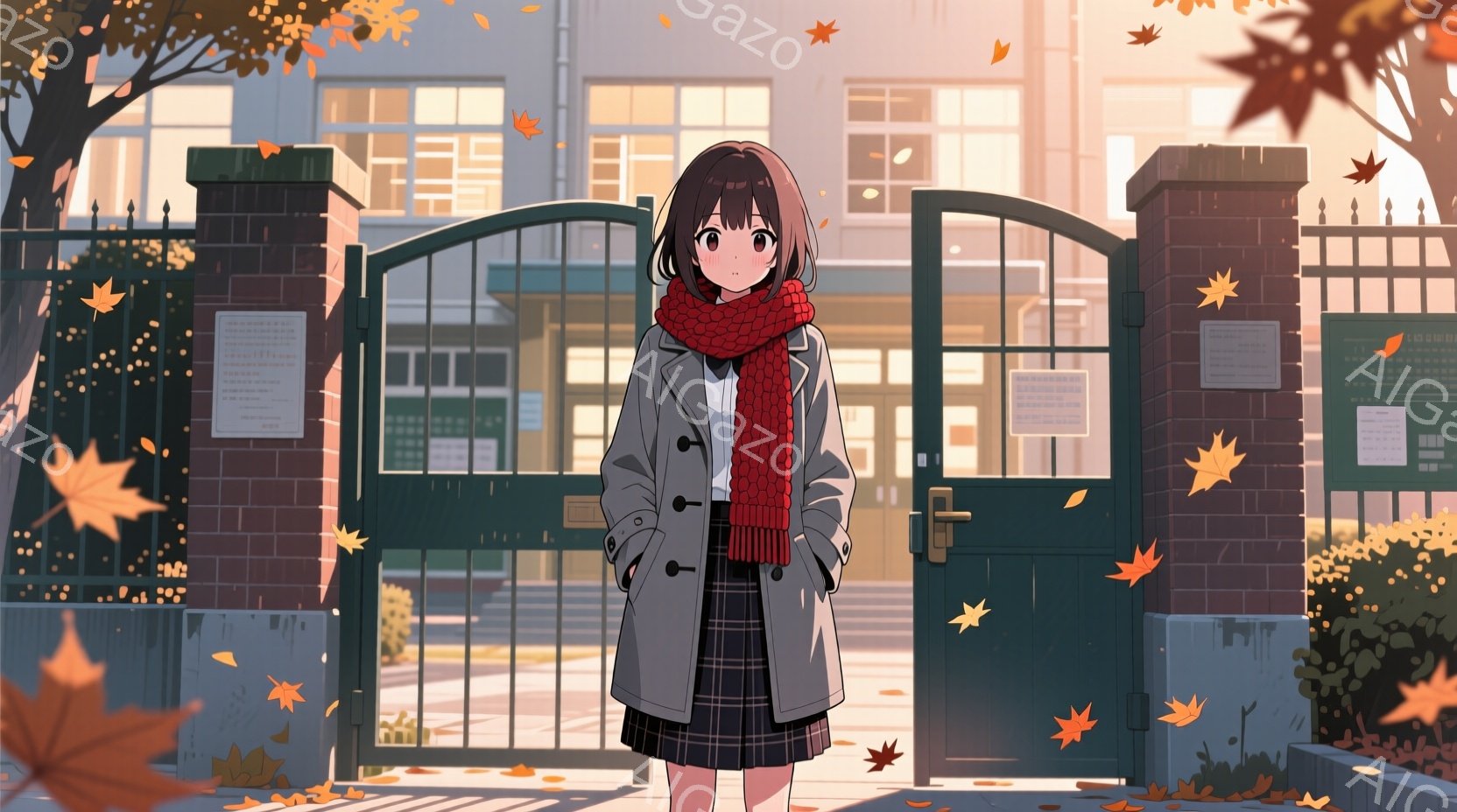 茶髪の少女が、制服にグレーのスカート、赤いマフラーを巻き、レンガ造りの校門の前に立っている。彼女は少し恥ずかしそうな表情で、両手を前に組んで、秋の落ち葉が舞う校門を見上げている。背景にはレンガ造りの校舎と、黄色の葉が散る木々が見え、秋の穏やかで少し寂しい雰囲気が漂っている。