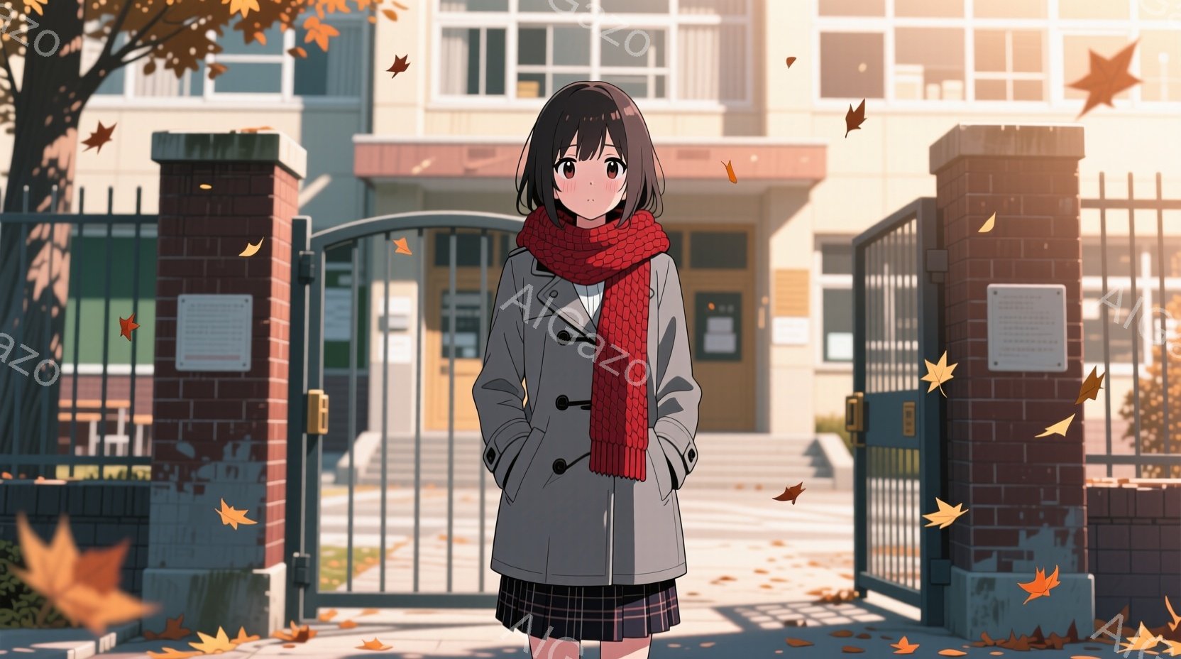 制服を着た若い女性が描かれています。彼女はグレーのコートとチェック柄のスカートを着ており、赤いマフラーを首に巻いています。背景にはレンガ造りのゲートと建物があり、落ち葉が舞い散る秋の日の穏やかな雰囲気 - AI生成フリー素材