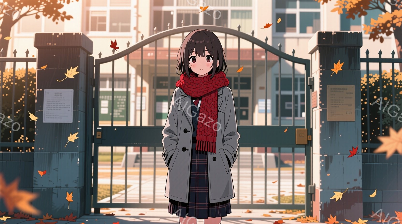 茶髪の少女が制服を着て、学校の門の前に立っている。彼女は灰色のコートと赤いマフラーを身につけ、少し寂しげな表情をしている。背景には、落ち葉が舞う学校の建物と、秋の穏やかな空が広がっており、物静かでノスタルジックな雰囲気を醸し出している。