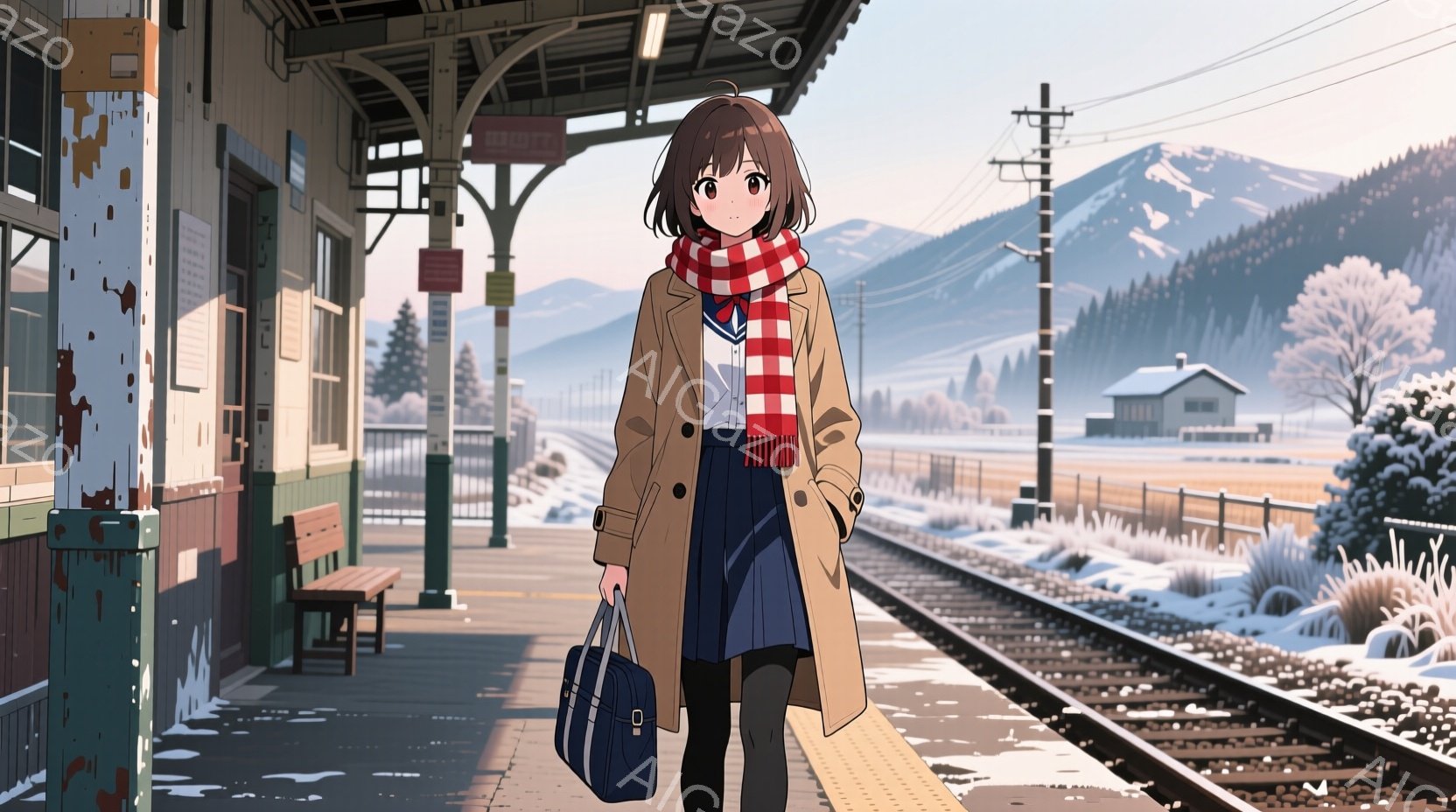 冬の田舎の駅に、茶色のコートを着た少女が立っている。彼女は黒い髪を肩まで伸ばし、赤いストライプのマフラーを巻いている。背景には雪に覆われた線路と、遠くに見える山々、そして小さな家が見え、全体的に静かで - AI生成フリー素材