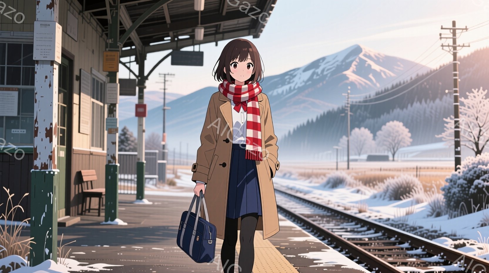茶色のコートを着た若い女性が、緑色のプラットフォームの上に立っている。彼女は黒いスカートを履き、赤いチェック柄のマフラーを巻いており、肩に紺色のバッグをかけている。背景には雪に覆われた山々と線路が広が - AI生成フリー素材