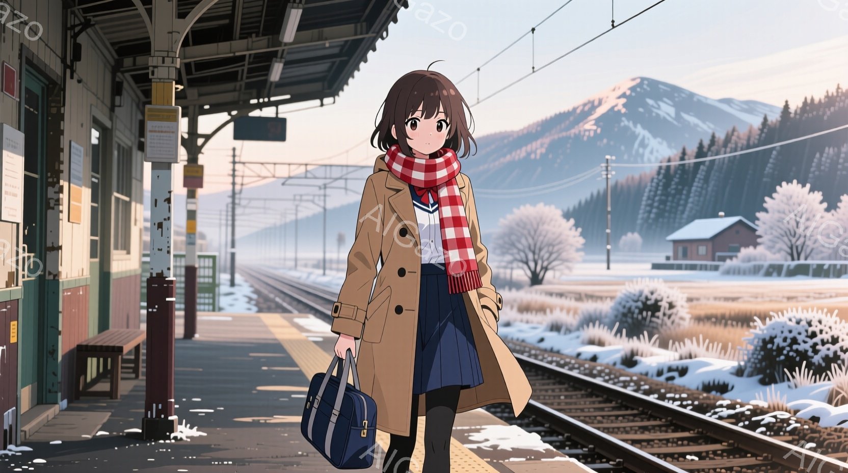 茶髪の少女が、駅のプラットフォームに立っている。ベージュ色のトレンチコートと紺色のスカート、そして赤と白のチェック柄のマフラーを身に着けており、黒い長靴を履いている。背景には雪景色が広がり、遠くには雪 - AI生成フリー素材