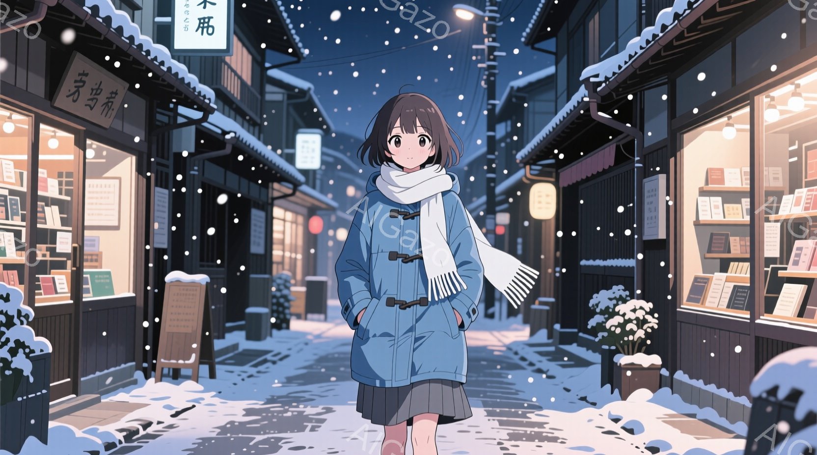 雪が降る古い街並みを歩く若い女性が描かれています。彼女は濃い茶色のショートヘアで、水色のボタンダウンのコートとグレーのスカートを着ており、白いマフラーを巻いています。背景には木造の建物が並び、暖色の光 - AI生成フリー素材