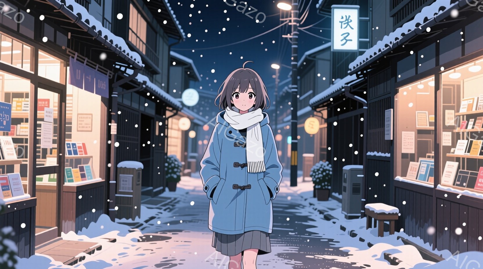 雪が降る夜の商店街に立つ少女が描かれています。彼女は紺色のコート、白いマフラー、グレーのスカートを着用し、黒髪を肩までの長さで切り揃えています。背景には、雪で覆われた古い木造の建物が立ち並び、温かい光 - AI生成フリー素材
