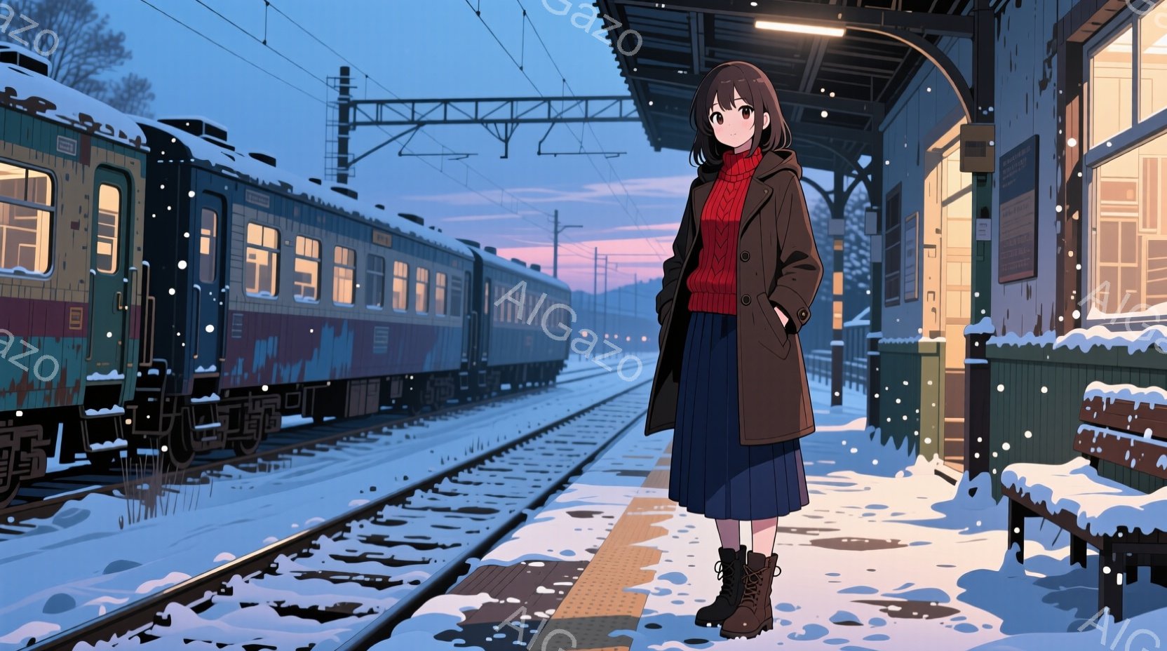少女はプラットフォームに立ち、膝丈の緑のスカート、赤いセーター、茶色のコートを着ています。彼女は前髪を下ろした茶色の髪をしており、少し憂いを帯びた表情をしています。背景には雪に覆われた線路と列車、薄暗い夕暮れの空が広がっており、冬の静けさと少し寂しげな雰囲気が漂っています。