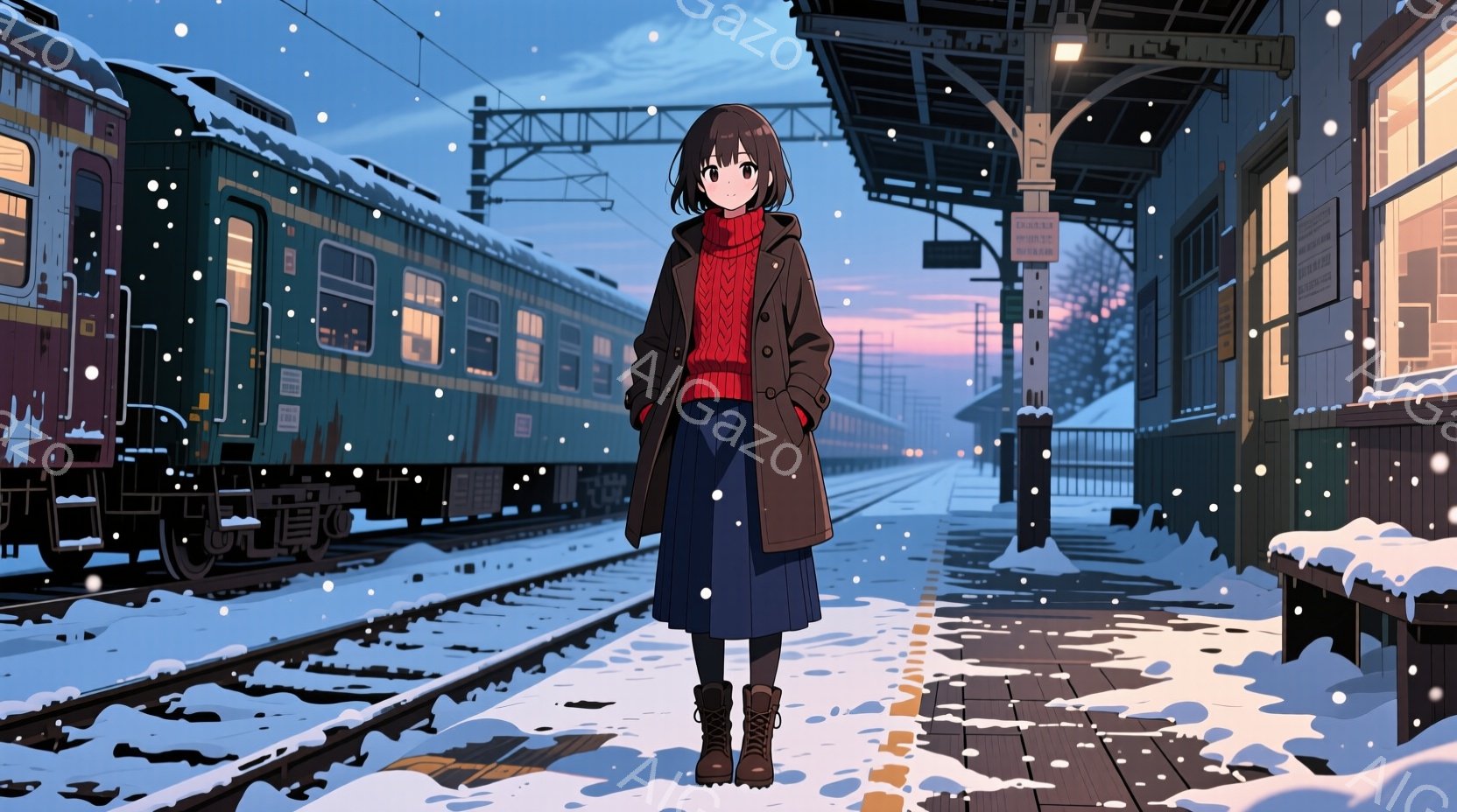 雪が降るプラットフォームに、茶色の髪の少女が立っている。彼女は赤いセーター、紺色のスカート、そして長い茶色のコートを着ており、黒い靴紐のブーツを履いている。背景には雪に覆われた線路と列車、そして薄明かりの空が広がっており、静かで少し寂しげな冬の雰囲気が漂っている。