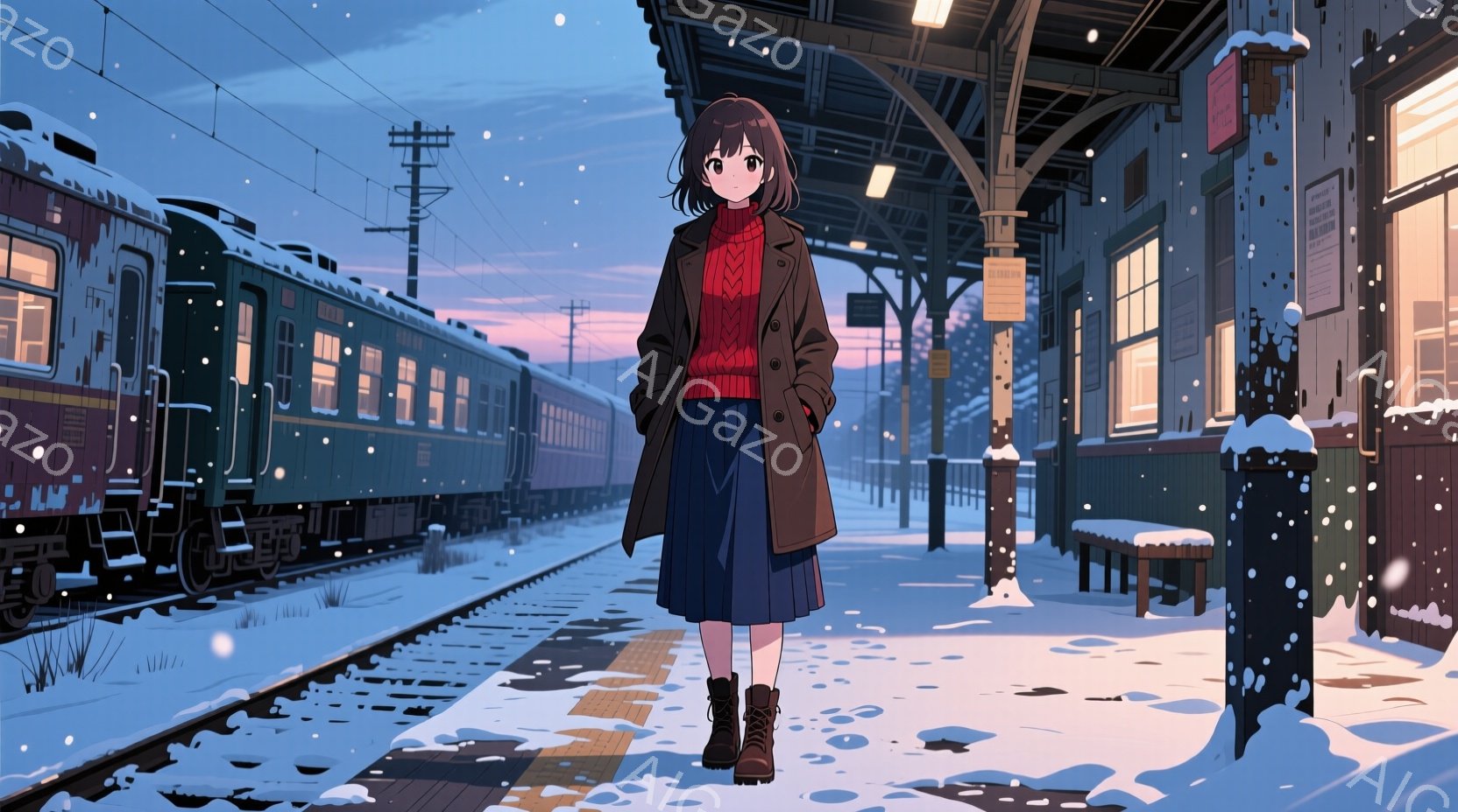 雪が降るプラットフォームに、茶色のコートを着た若い女性が立っている。彼女は赤いセーターと膝丈のプリーツスカートを身に着け、黒いブーツを履いている。背景には、雪に覆われた線路と列車、そして夕焼け空が広がり、静かで少し寂しげな冬の雰囲気を醸し出している。