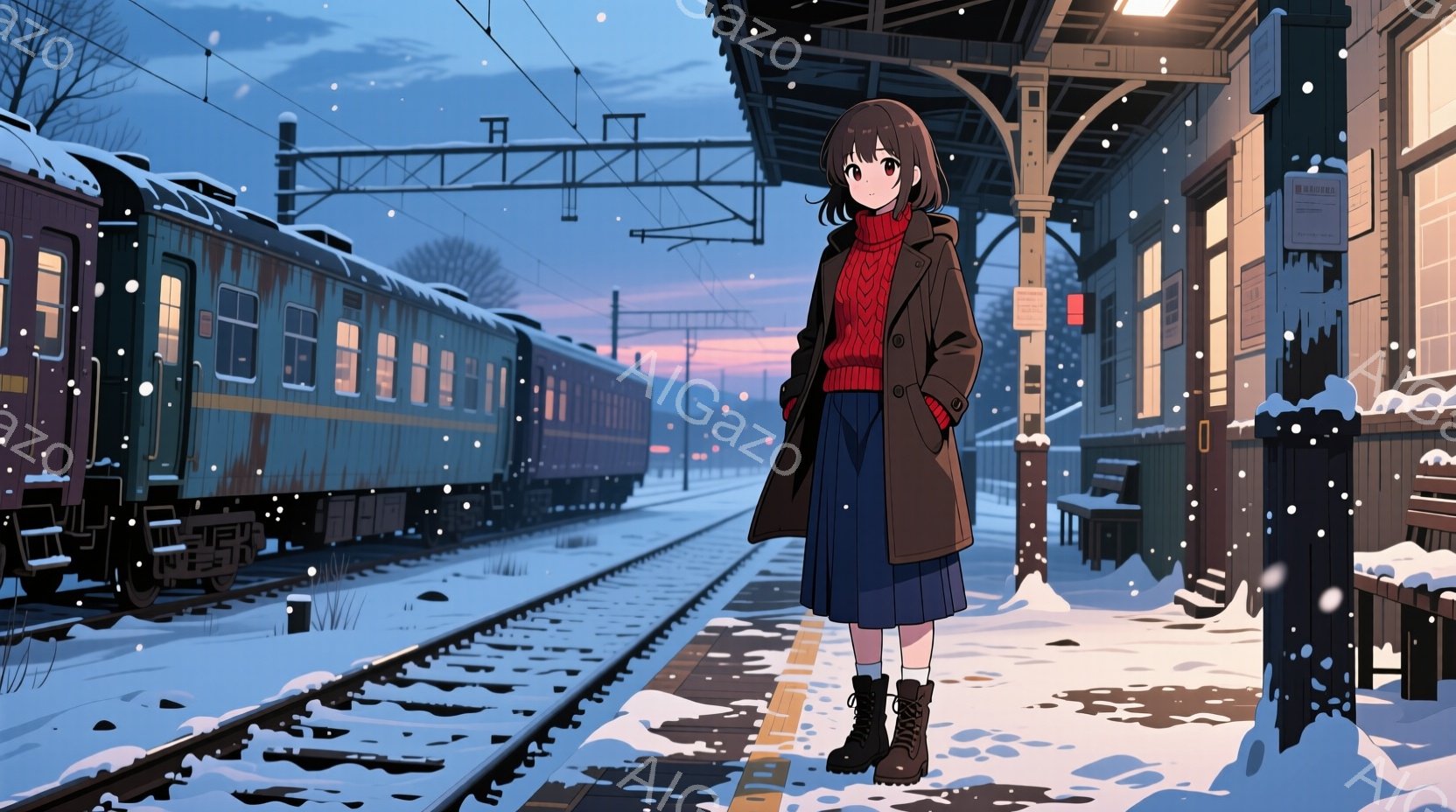 雪が降るプラットフォームに立つ若い女性が描かれています。彼女は黒髪のボブスタイルで、赤いセーター、濃い緑のスカート、黒いブーツを履き、黒いコートを着ています。背後には雪に覆われた線路と列車、薄暗い空が - AI生成フリー素材