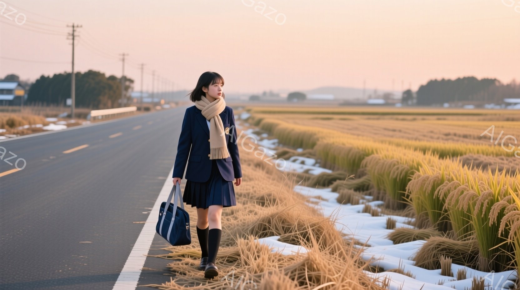 紺色の制服を着た女子高生が、田舎道を歩いている様子が写っています。彼女は肩にベージュのストールを巻き、膝下丈のソックスを履き、手に青いカバンを持っています。背景には黄金色の乾燥した稲穂が広がり、遠くには建物が見え、空は夕焼けのような暖かな色合いで、全体的にノスタルジックで静かな雰囲気が漂っています。