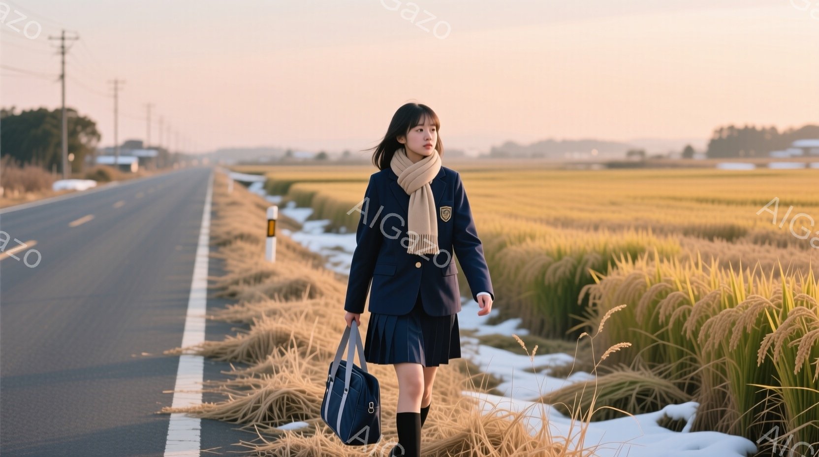 紺色のブレザーとプリーツスカートの制服を着た少女が写っている。彼女は肩まで伸ばしたストレートヘアで、淡いピンク色のマフラーを首に巻いている。背景には黄金色の稲穂が広がる田園風景が広がり、アスファルトの道沿いを歩いている。