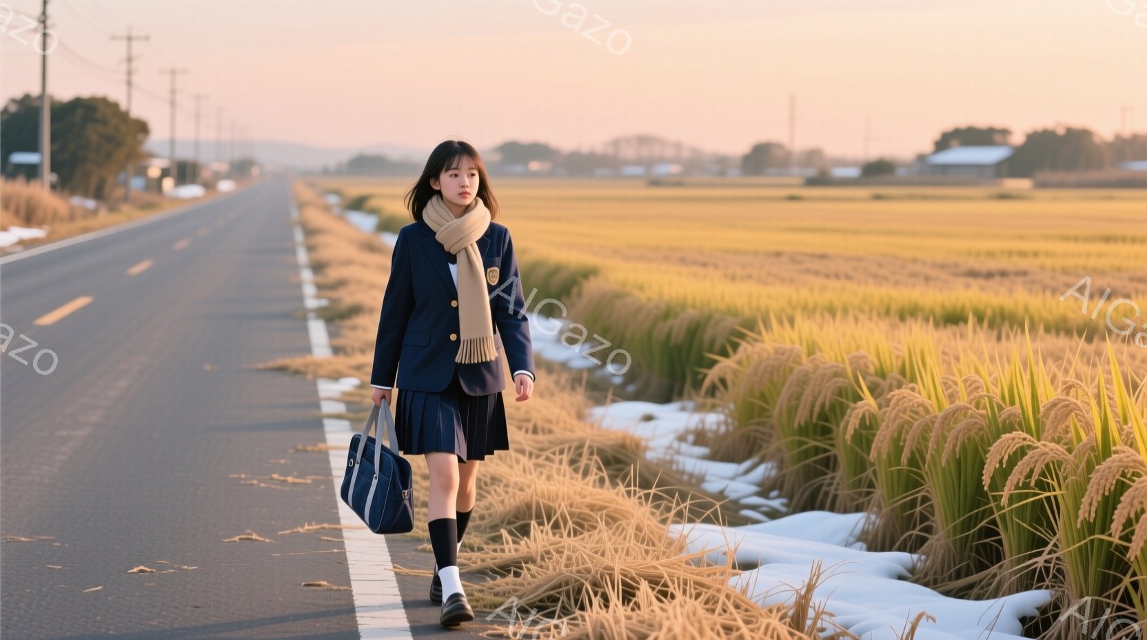 制服を着た少女が、田んぼの隣の道路を歩いている。彼女は濃い青色のブレザーとプリーツスカート、そして膝下まである靴下を履いている。背景には黄金色の稲穂が広がり、夕焼けのような柔らかな光が全体を包み込み、 - AI生成フリー素材