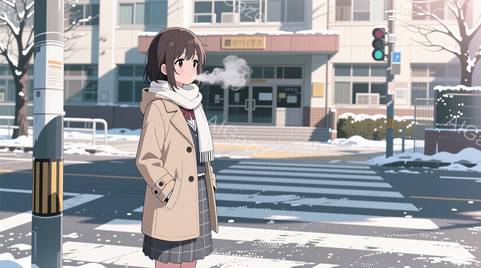 冬の日の横断歩道に立つ女子高生を描いています。彼女はベージュ色のコート、チェックのスカート、白いマフラーを着用し、少し寒そうに息を吐いています。背景には学校の建物が見え、雪が降っていることから、寒い冬 - AI生成フリー素材