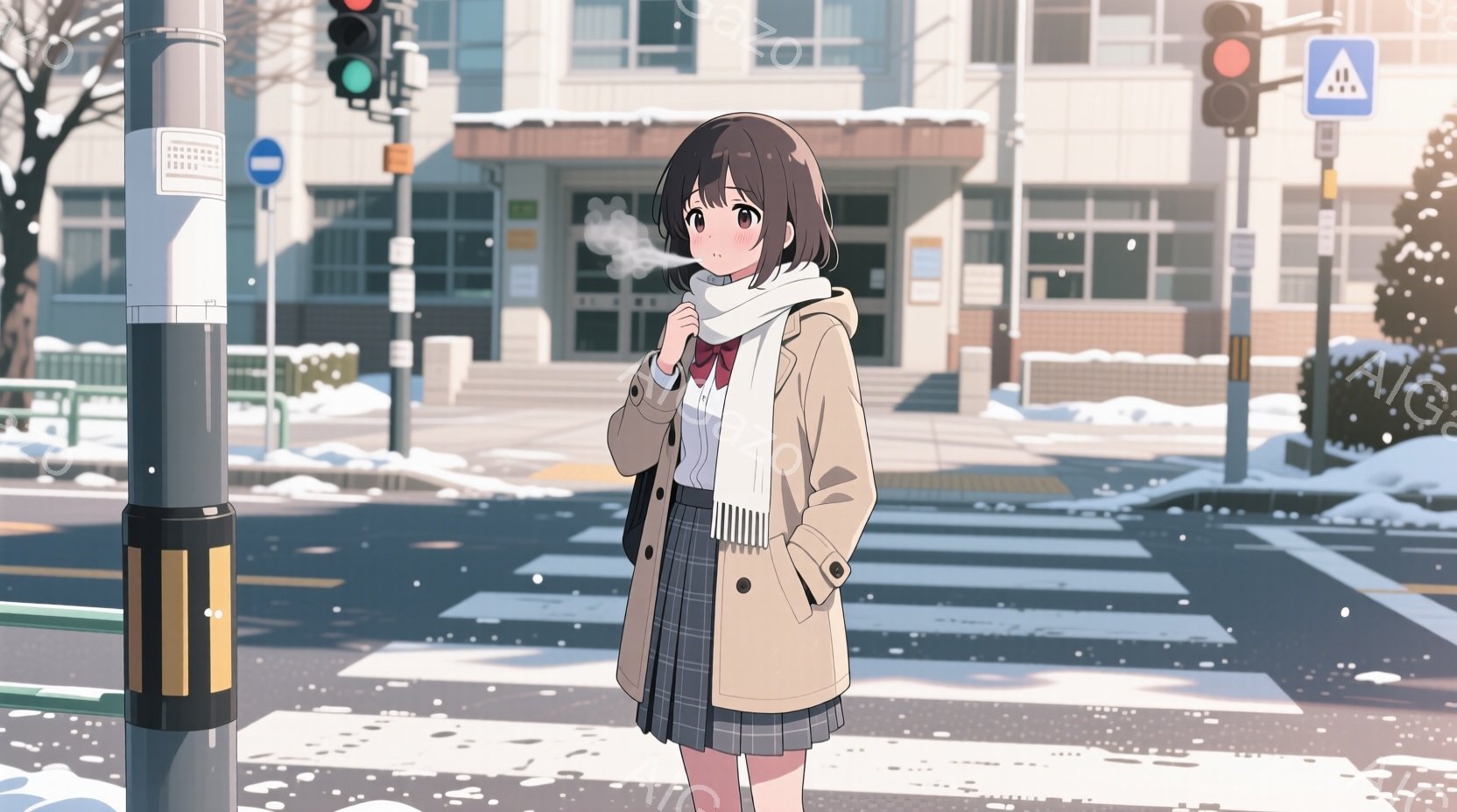 短い茶色の髪に、前髪が少し目にかかる女の子が描かれています。ベージュ色のトレンチコートにチェックのスカート、白いマフラーを巻いており、冷たい空気に息が白く見える様子から冬の情景であることがわかります。 - AI生成フリー素材