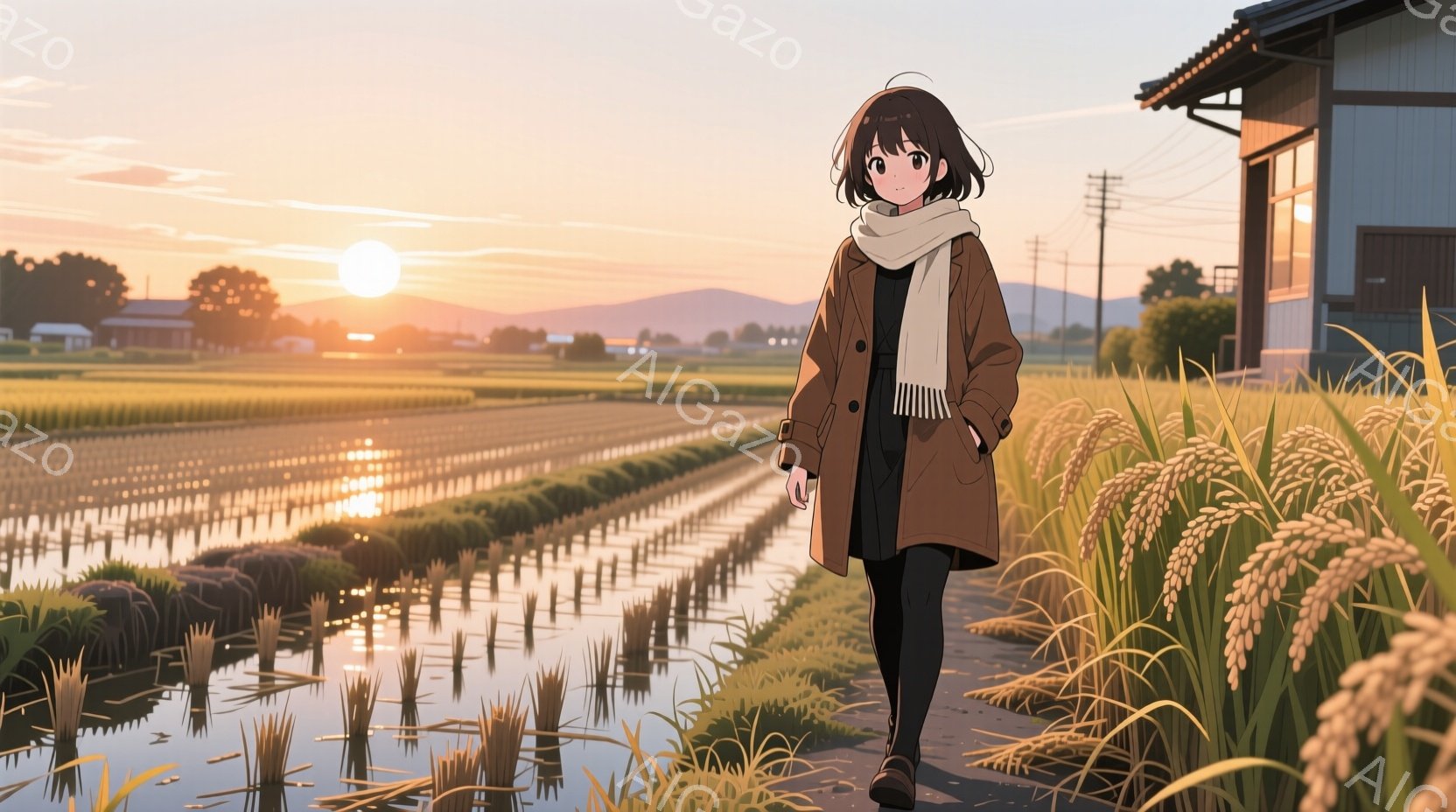 少女は茶色のコートと黒いレギンスを身につけ、水田の中を歩いている。彼女は短い茶色の髪をしており、白いマフラーを巻いている。背景には水田、夕焼け、そして日本の伝統的な家屋が見え、全体的に穏やかでノスタルジックな雰囲気である。