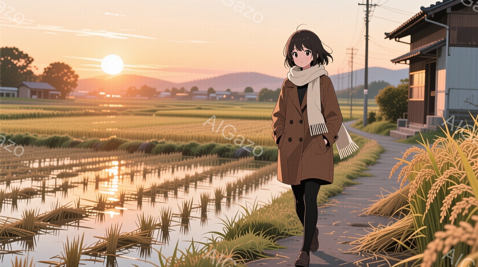 茶髪の少女が、水田の畦道を歩いている。彼女はベージュ色のトレンチコートに黒いレギンスを履き、首に白い縞模様のストールを巻いている。背景には黄金色に輝く稲穂と、夕焼けに照らされた日本の古い家並みが広がり、穏やかでノスタルジックな雰囲気を醸し出している。