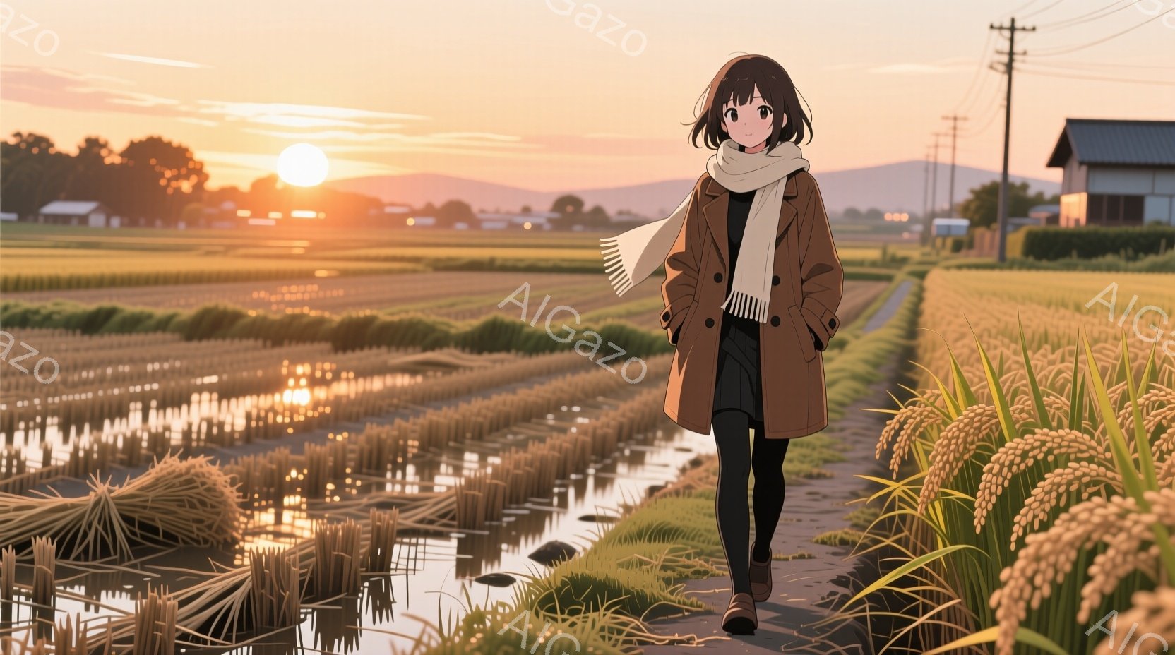 少女は、ベージュ色のコートと黒いタイツ姿で、水田の間を歩いている。彼女は、短くウェーブのかかった黒髪で、白いマフラーを巻いている。背景には、黄金色に輝く稲穂と、夕焼けに染まる空が広がり、穏やかでノスタルジックな雰囲気を醸し出している。