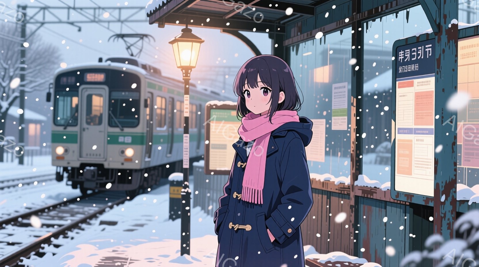 少女は冬の駅のホームに立っており、濃い紺色のトグルコートとピンク色のマフラーを身につけています。黒髪のショートボブで、少し寂しげな表情で遠くを見つめています。背景には雪が舞い降りる線路と、ぼやけた電車の姿、そして駅の待合室が見え、全体的に静かで物憂げな冬の雰囲気が漂っています。