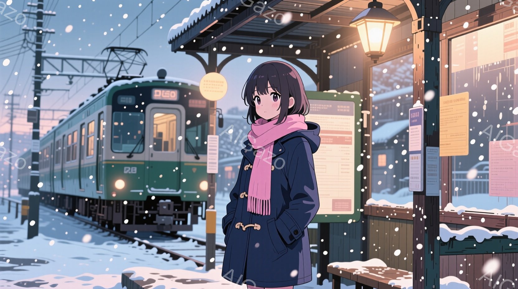 短い黒髪の少女が、駅のホームに立っている。濃い青色のコートにピンク色のマフラーを巻き、少し寂しげな表情をしている。背景には雪が降り積もる線路と緑色の電車、そして屋根付きの待合室があり、全体的に冬の静寂と少しの物悲しさを感じさせる。