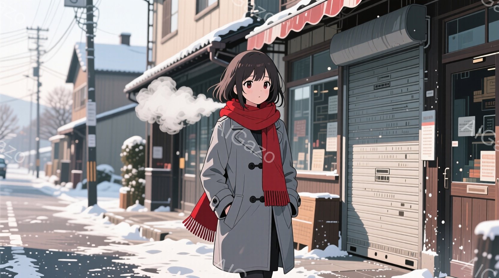 ショートカットの黒髪女性が、グレーのコートと赤いマフラーを身につけ、冬の街並みを歩いている。彼女はコートのポケットに手を入れ、少し微笑んでいるように見える。背景には雪が積もった建物と、湯気が立ち上る場 - AI生成フリー素材