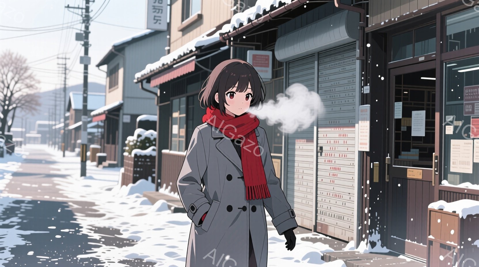 短い黒髪の少女が、グレーのコートと赤いマフラーを身につけ、雪の降る街並みを歩いている。彼女はわずかに口を開け、白い息を吐き出しており、少し寂しげな表情をしている。背景には、金属製のシャッターが閉まった商店や住宅が並び、雪景色が広がっている。
