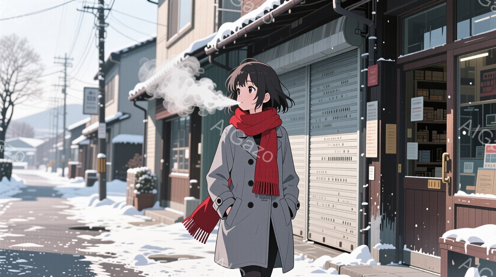 冬の街並みを歩く若い女性が描かれています。彼女は短い黒髪で、赤いマフラーを首に巻き、グレーのコートを着ています。背景には閉じた商店や雪に覆われた建物があり、彼女の吐く息は白く立ち上り、冷たい冬の雰囲気 - AI生成フリー素材