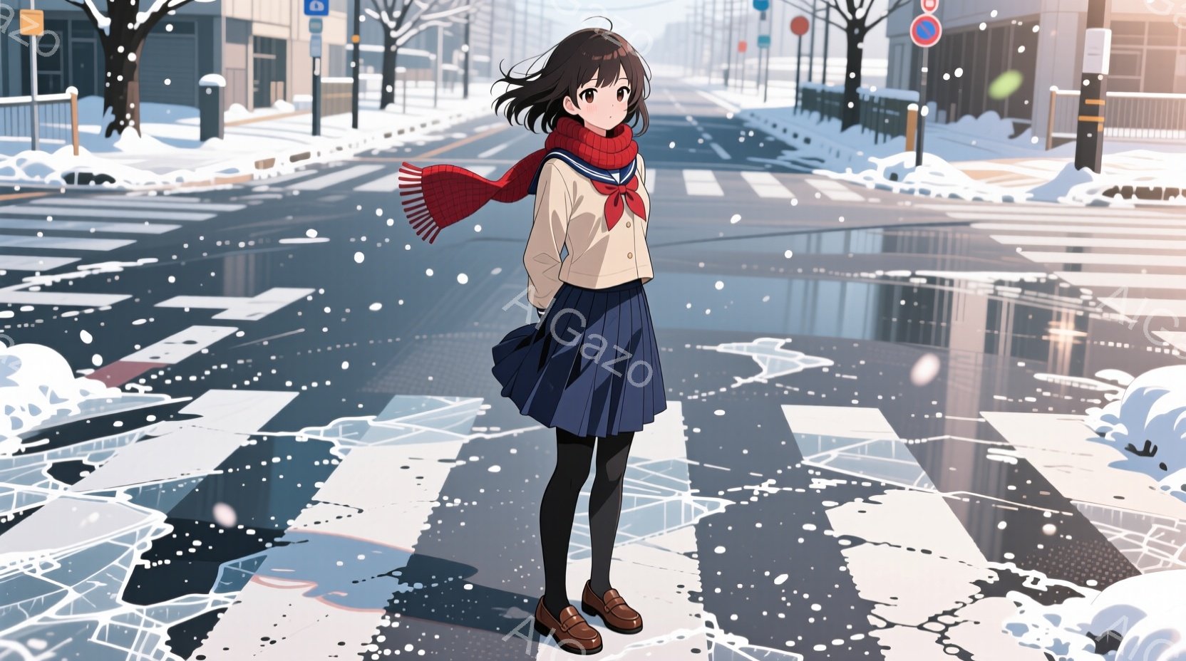 少女が雪の降る横断歩道に立っている様子が描かれています。彼女は短い茶色の髪で、紺色のスカートと白いセーター、赤いマフラーを身につけており、少し不安そうな表情をしています。背景には雪に覆われた道路と建物、そして曇り空が広がっており、冬の静かで寂しげな雰囲気を醸し出しています。