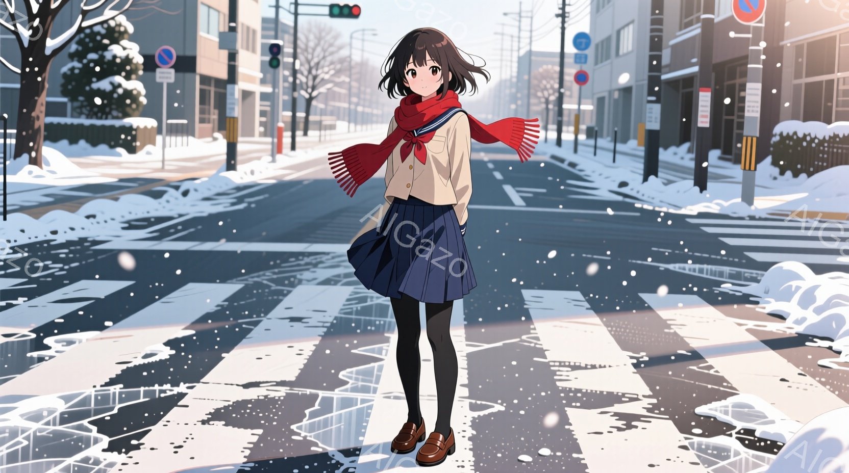 茶髪の少女が、制服を着て横断歩道の中央に立っている。赤いマフラーと茶色のローファーがアクセントになっており、少し微笑んでいるような表情をしている。背景には雪が積もった道路と建物、そして曇り空が広がり、 - AI生成フリー素材