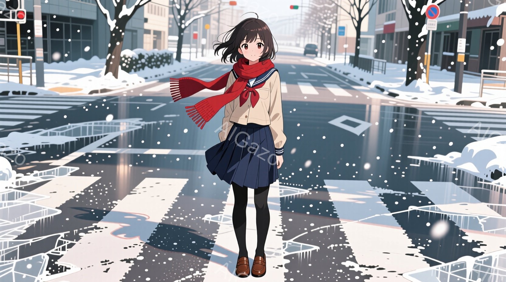 制服を着た少女が雪の降る横断歩道に立っている様子が描かれています。彼女は短い黒髪で、赤いマフラーを首に巻き、紺色のスカートと茶色の靴を履いています。背景には雪で覆われた建物と道路が広がり、冬の静かで冷たい雰囲気が漂っています。