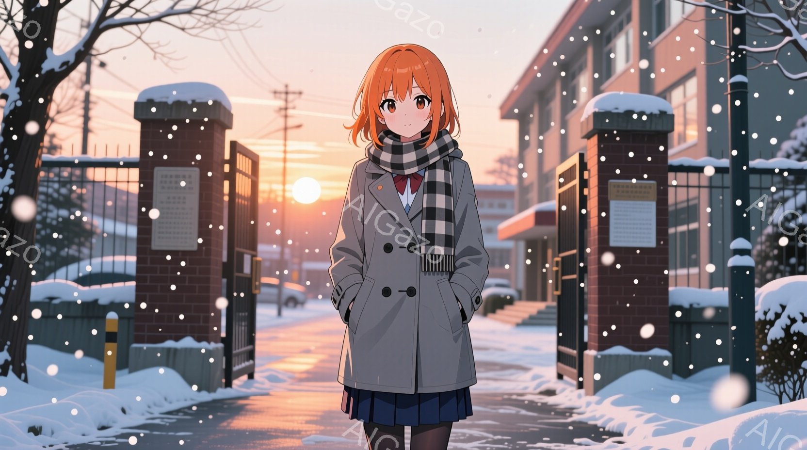 明るいオレンジ色の髪を肩まで伸ばした少女が、冬の学校の入り口に立っている。彼女はグレーのコート、ネイビーのスカート、黒いタイツを着用し、首には白と黒のストライプのショールを巻いている。背景には雪が降り - AI生成フリー素材