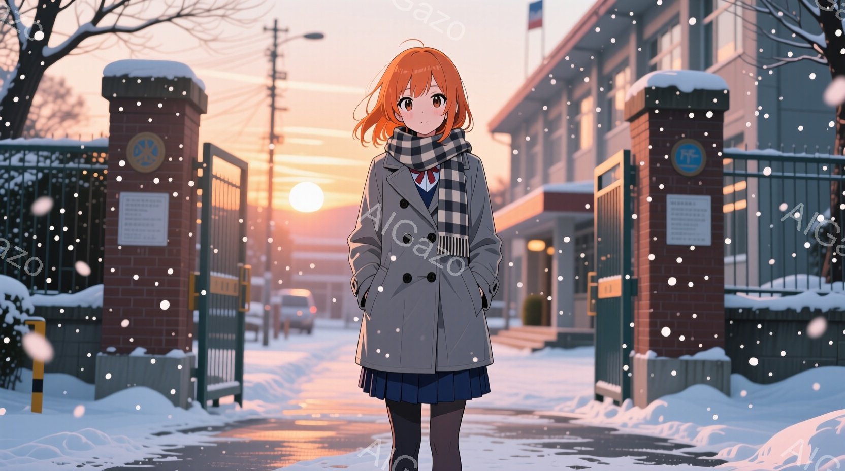 長いオレンジ色の髪の少女が、学校の入り口で正面を向いて立っている。彼女はグレーのコート、白いシャツ、ネイビーのスカート、そしてストライプのネクタイとマフラーを身に着けている。背景には雪が舞い、煉瓦造りの建物と薄暗い夕焼け空が広がっており、冬の穏やかな雰囲気を醸し出している。