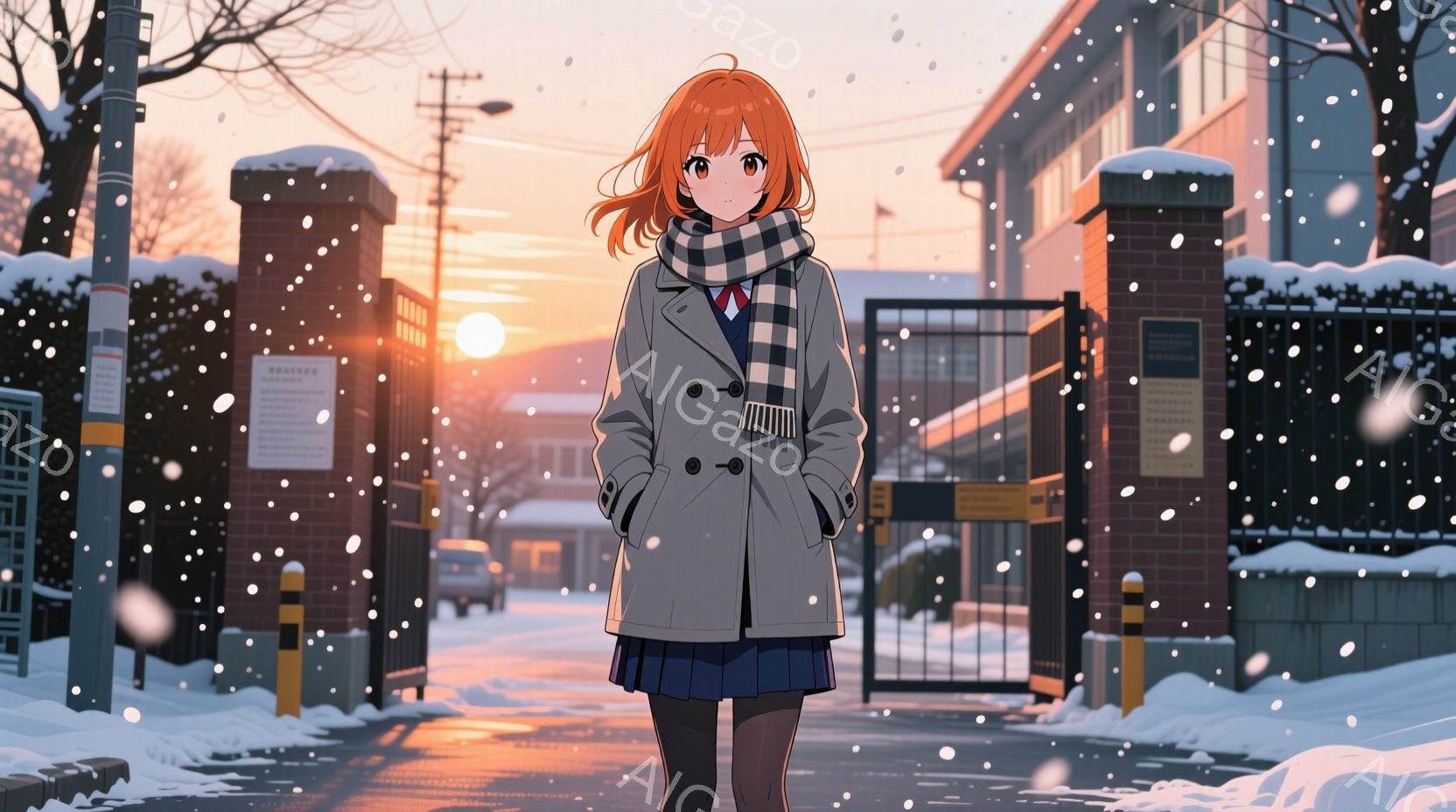 オレンジ色の髪を肩まで伸ばした少女が、冬の学校の門前に立っている。グレーのコート、紺色のスカート、黒いタイツを着用し、赤と白のストライプのマフラーを巻いている。背景には雪が降り積もり、夕焼けの光が反射して暖かく、静かで穏やかな雰囲気が漂っている。