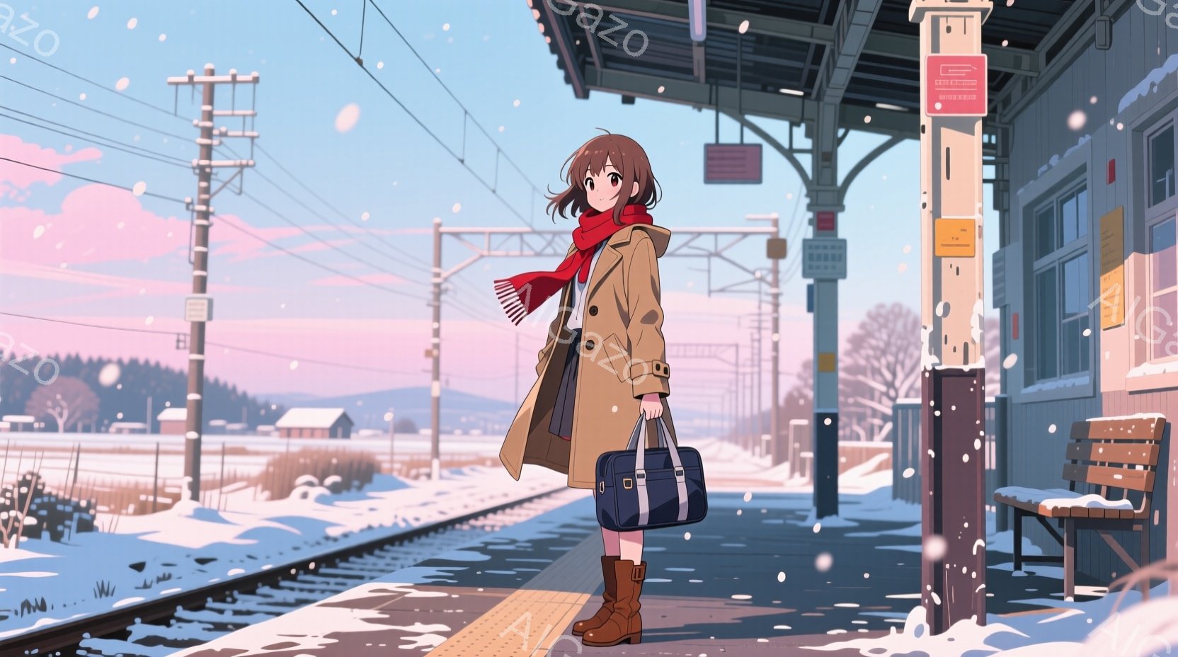 雪景色の中の駅のホームに立つ若い女性が描かれています。彼女は茶色の髪を肩まで伸ばし、ベージュ色のコートと赤いマフラーを身につけ、茶色のブーツを履いています。背景には雪に覆われた線路、遠くの建物、そして - AI生成フリー素材