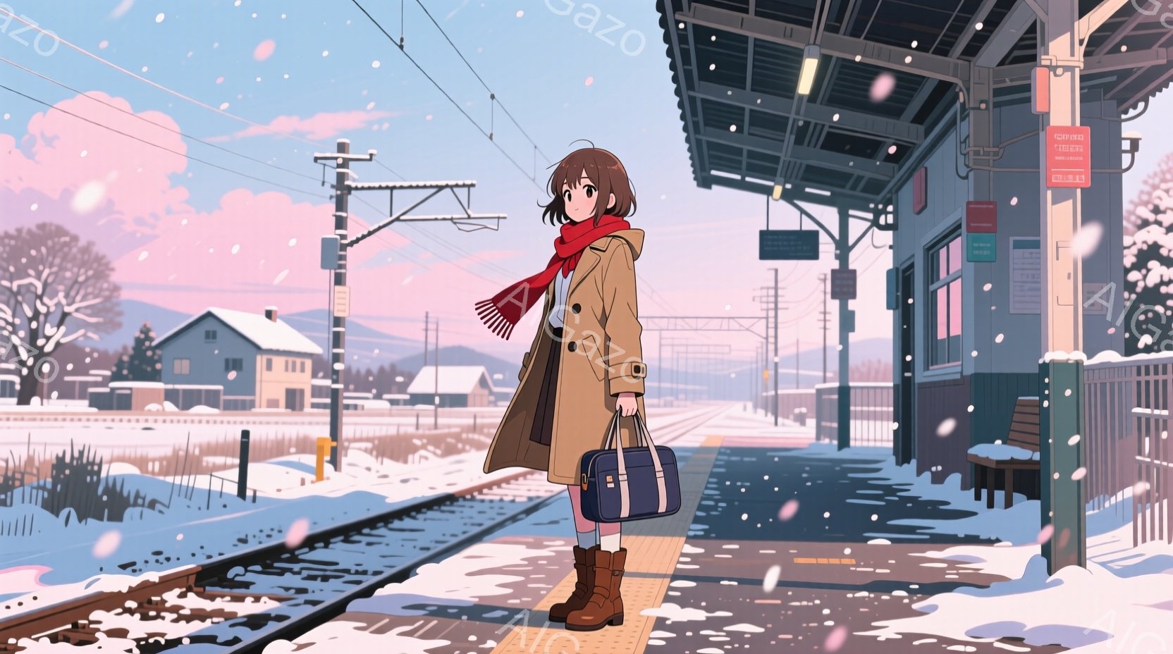 雪が降る駅のプラットフォームに立つ若い女性が描かれています。彼女はベージュ色のトレンチコート、赤いマフラー、茶色のブーツを着用し、肩にかけて紺色のハンドバッグを提げています。背景には雪で覆われた家々が - AI生成フリー素材