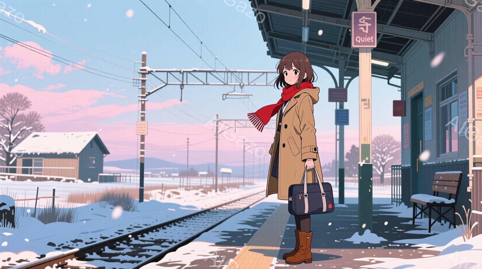 雪景色の中、茶色のコートを着た少女が駅のホームに立っている。彼女は赤いマフラーを巻き、肩にキャリーバッグをかけ、少し寂しげな表情で遠くを見つめている。背景には雪に覆われた線路、木々、そして遠くに見える - AI生成フリー素材