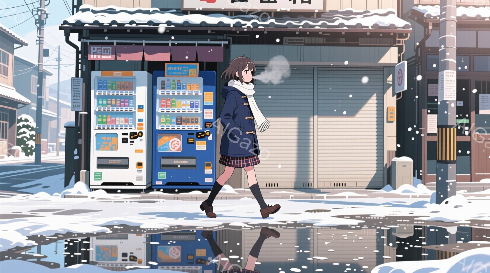 冬の街並みを歩く女子高生が描かれています。彼女は紺色のコートに赤いスカート、膝下までのソックスを履き、髪を長く伸ばして歩いています。背景には、自動販売機や閉じたシャッターのある商店、雪が降る白い風景が広がっており、少し寂しげでノスタルジックな雰囲気を醸し出しています。