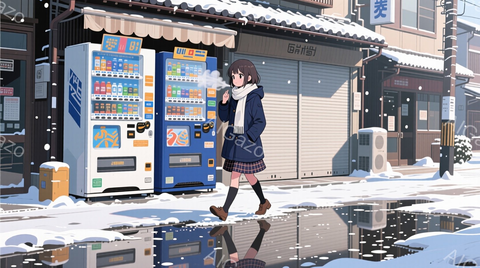 雪が降る冬の街並みで、若い女性が歩いている様子が描かれている。彼女は紺色のコート、白いセーター、チェックのスカート、膝丈のソックス、黒い靴を着用し、髪は短く、表情は穏やかである。背景には閉じたシャッターの店々が並び、雪に覆われた道と建物が、静かで少し寂しげな冬の雰囲気を醸し出している。