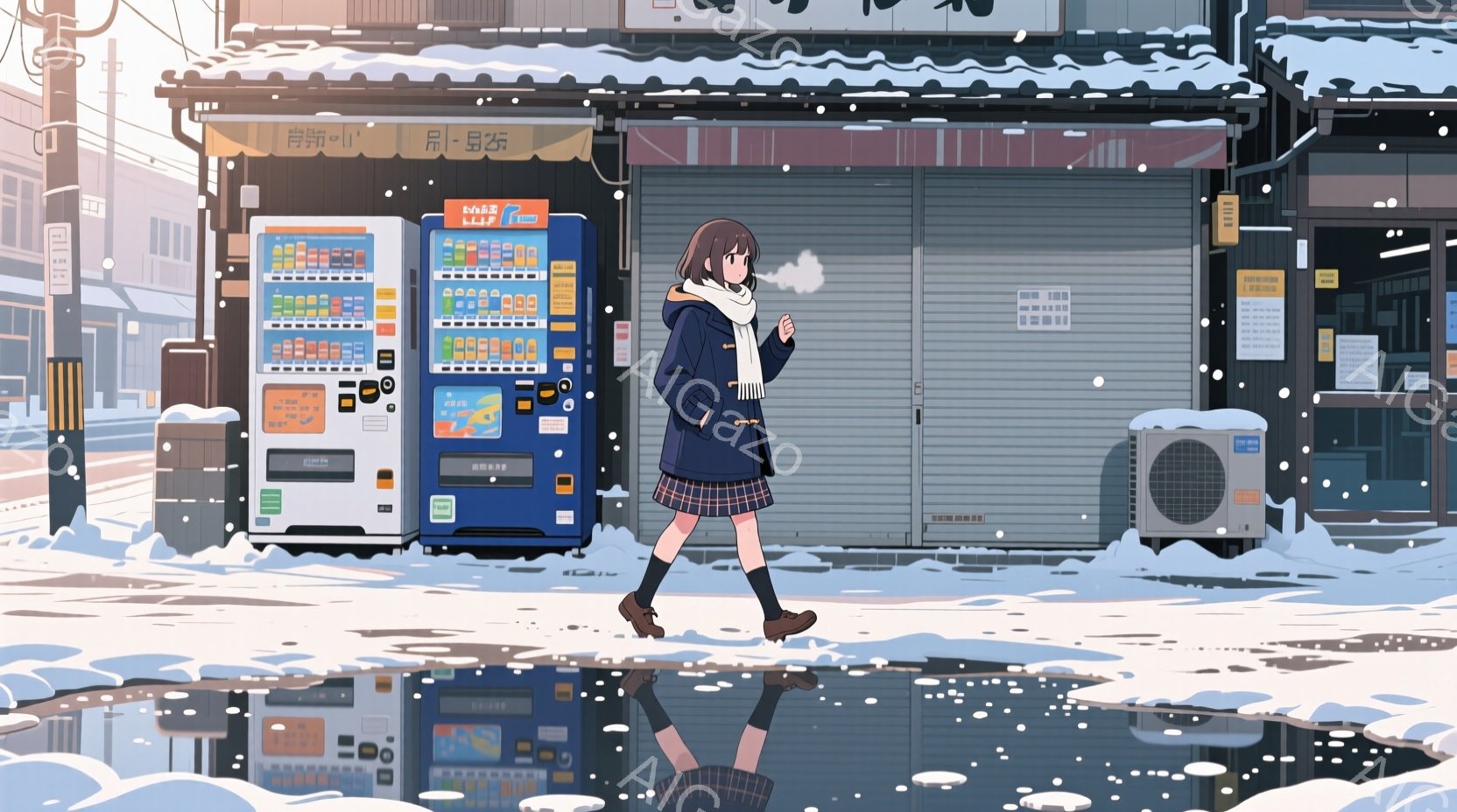 冬の街並みを歩く若い女性が描かれています。彼女は濃い青色のコートとチェック柄のスカートを着用し、茶色の髪を肩まで切り揃えています。背景には閉じた店舗や自動販売機があり、地面には雪が積もり、水たまりが反 - AI生成フリー素材