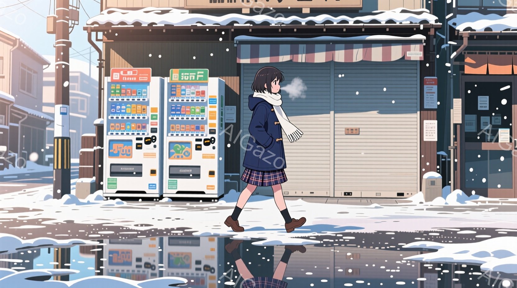 雪が降る街並みを、紺色のコートとチェックのスカートを着た少女が歩いている。彼女は黒髪で、サイドにヘアピンをつけており、やや前かがみの姿勢で、どこか憂いを帯びた表情をしている。背景には自動販売機が並び、シャッターが閉まった店が連なり、冬の寂しげな雰囲気が漂っている。
