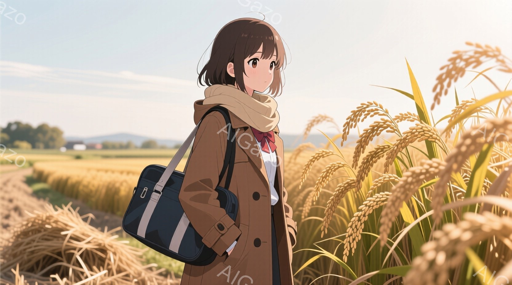短い茶色の髪の少女が、茶色のコートと白いシャツ、そして赤いリボンを締めて、肩に紺色のバッグを掛けている。彼女は麦畑の中を歩いており、少し後ろを振り返るように視線を向けている。背景には、緑の丘と青空が広がり、暖かく穏やかな秋の日の雰囲気が漂っている。