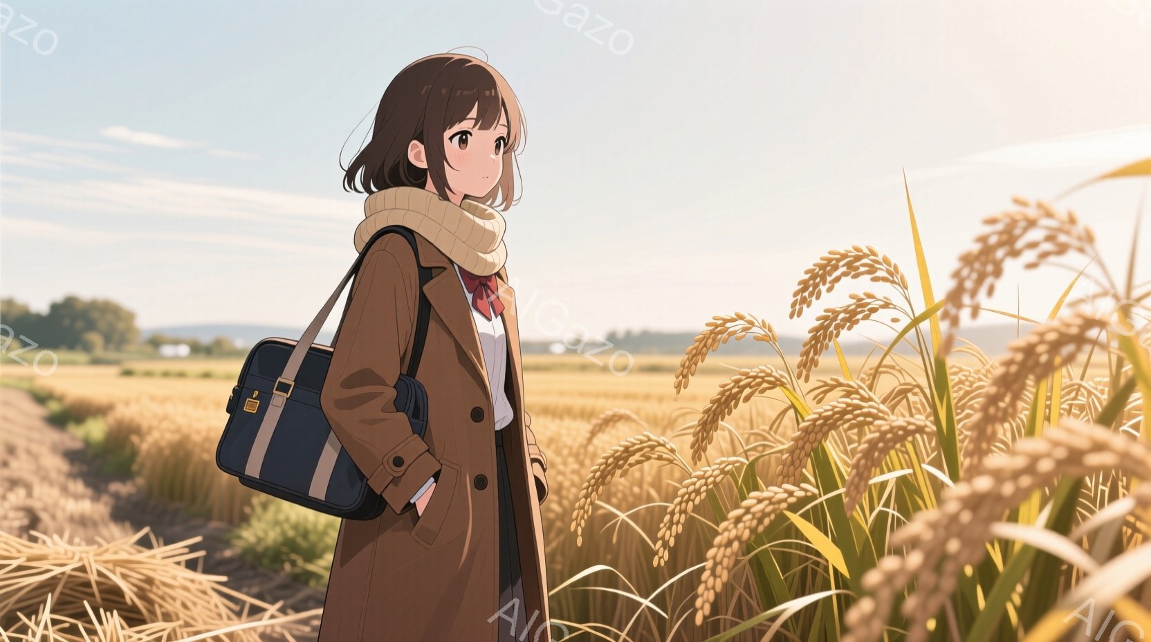 長い茶色のコートを着た若い女性が、黄金色の稲穂が広がる田園地帯を歩いている。彼女は肩に黒いショルダーバッグをかけ、首に巻かれたスカーフがアクセントになっている。空は明るく、日差しが暖かく、全体的に穏やかでノスタルジックな雰囲気を醸し出している。