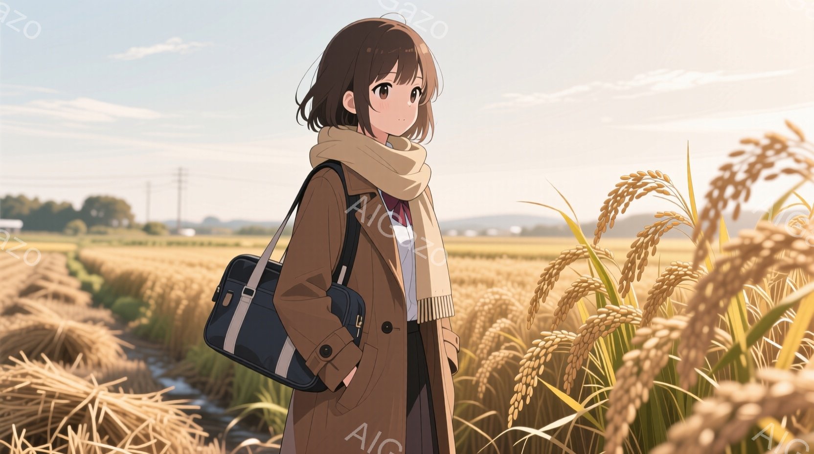 茶色のジャケットとベージュのショールを身に着けた若い女性が描かれています。彼女は肩に黒いバッグをかけ、少し横を向いて遠くを見つめており、表情は穏やかで物思いにふけっているようです。背景には黄金色の稲穂が広がる田園風景が広がり、遠くに建物と電柱が見え、晴れた空の下で穏やかな秋の雰囲気が漂っています。