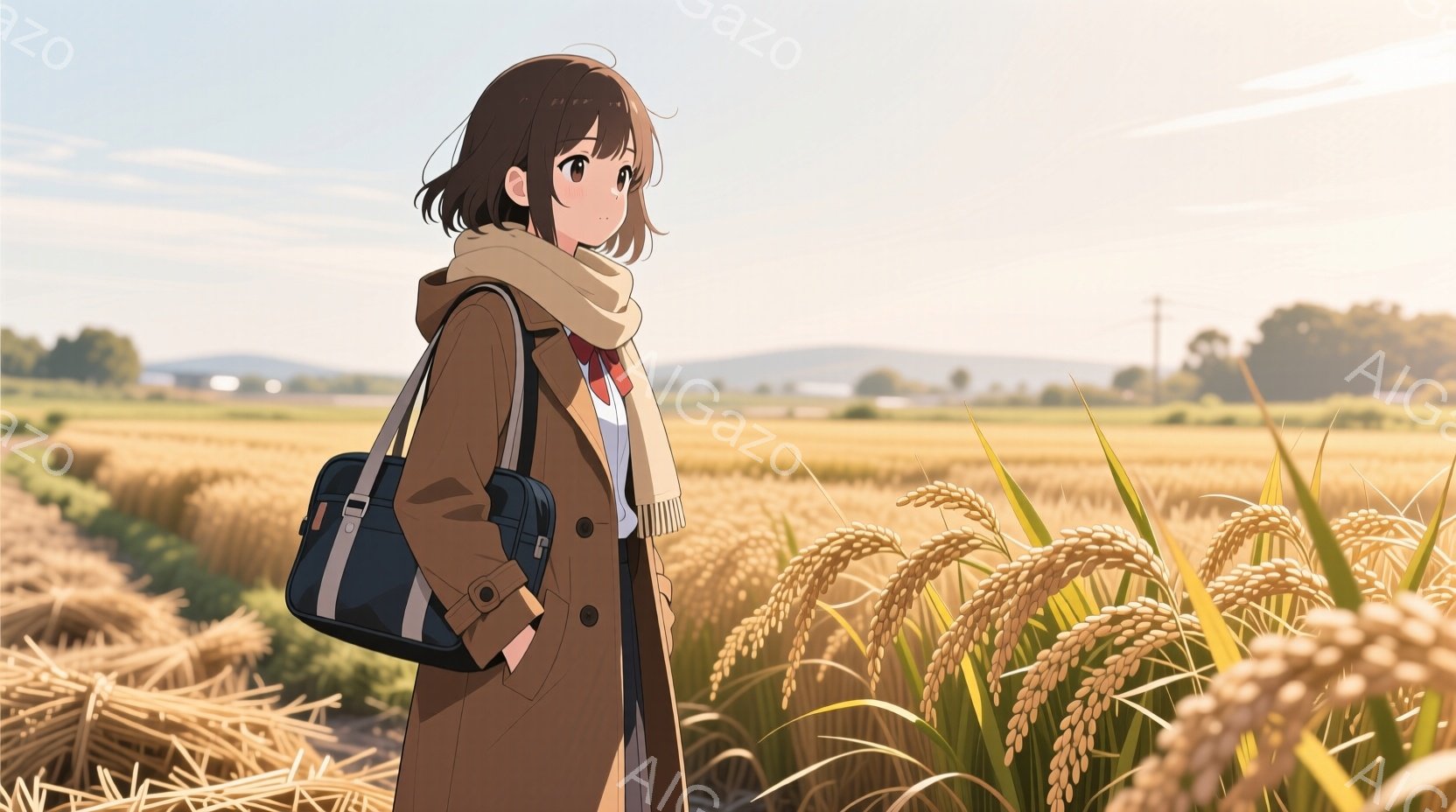 茶色のコートと白いマフラーを身につけた若い女性が、黄金色の稲穂が広がる田んぼの中に立っている。彼女は肩に黒いバッグをかけ、少し後ろを振り返り、穏やかで物憂げな表情をしている。背景には遠くの建物と、秋の - AI生成フリー素材