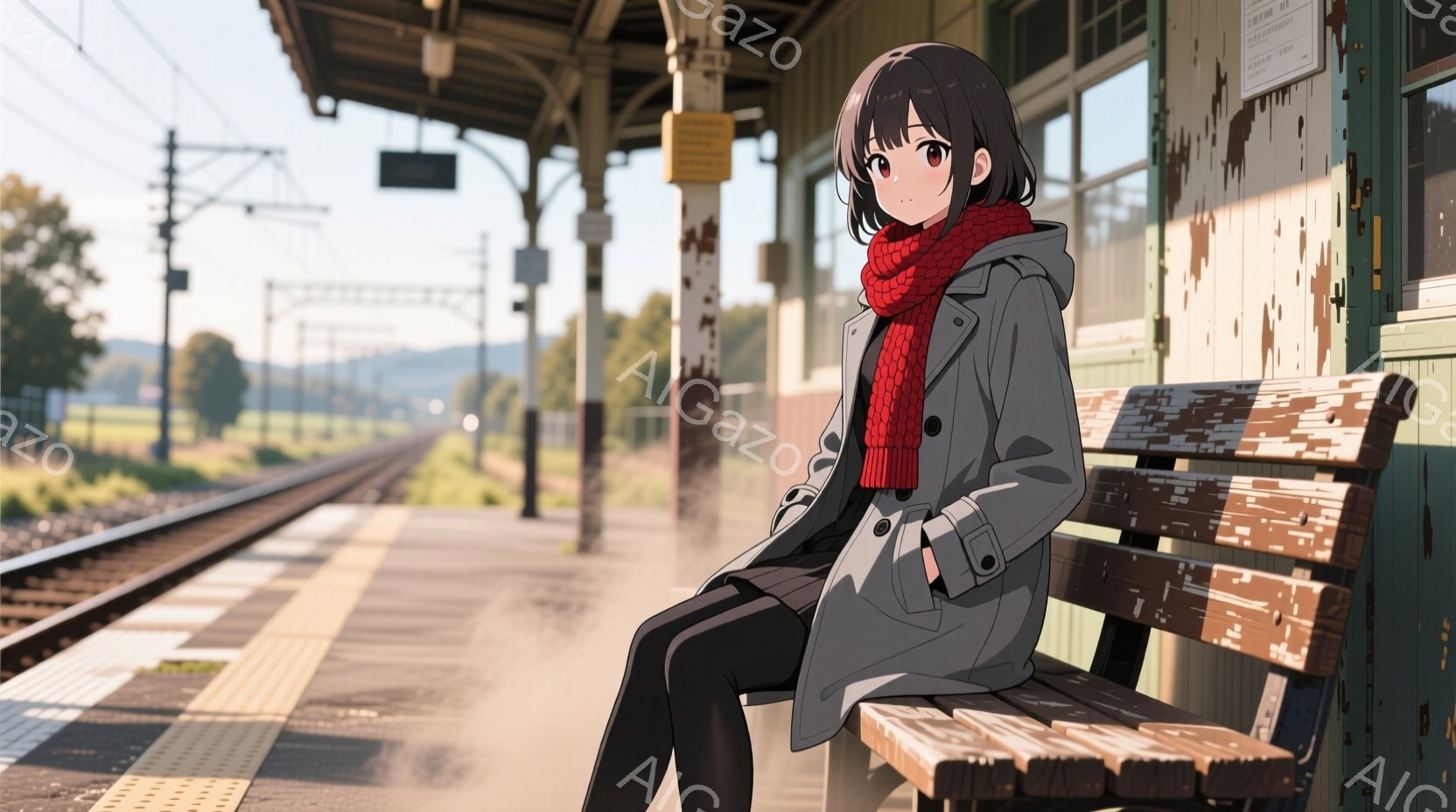 茶色の短い髪に、赤いマフラーを巻いた少女が、古びた駅のベンチに座っています。彼女はグレーのコートを着ており、少し物憂げな表情をしています。背景には線路が伸び、遠くには緑の丘が見え、全体的に静かで寂しげな雰囲気が漂っています。