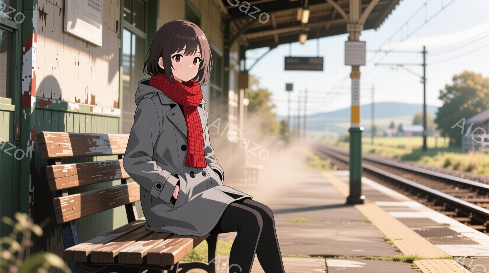 茶髪のショートヘアの女性が、駅のベンチに座って何かを待っている様子が描かれています。彼女はグレーのコートと赤いマフラーを身に着け、黒いタイツを履いています。背景には線路と遠くの山々が広がり、駅のプラッ - AI生成フリー素材