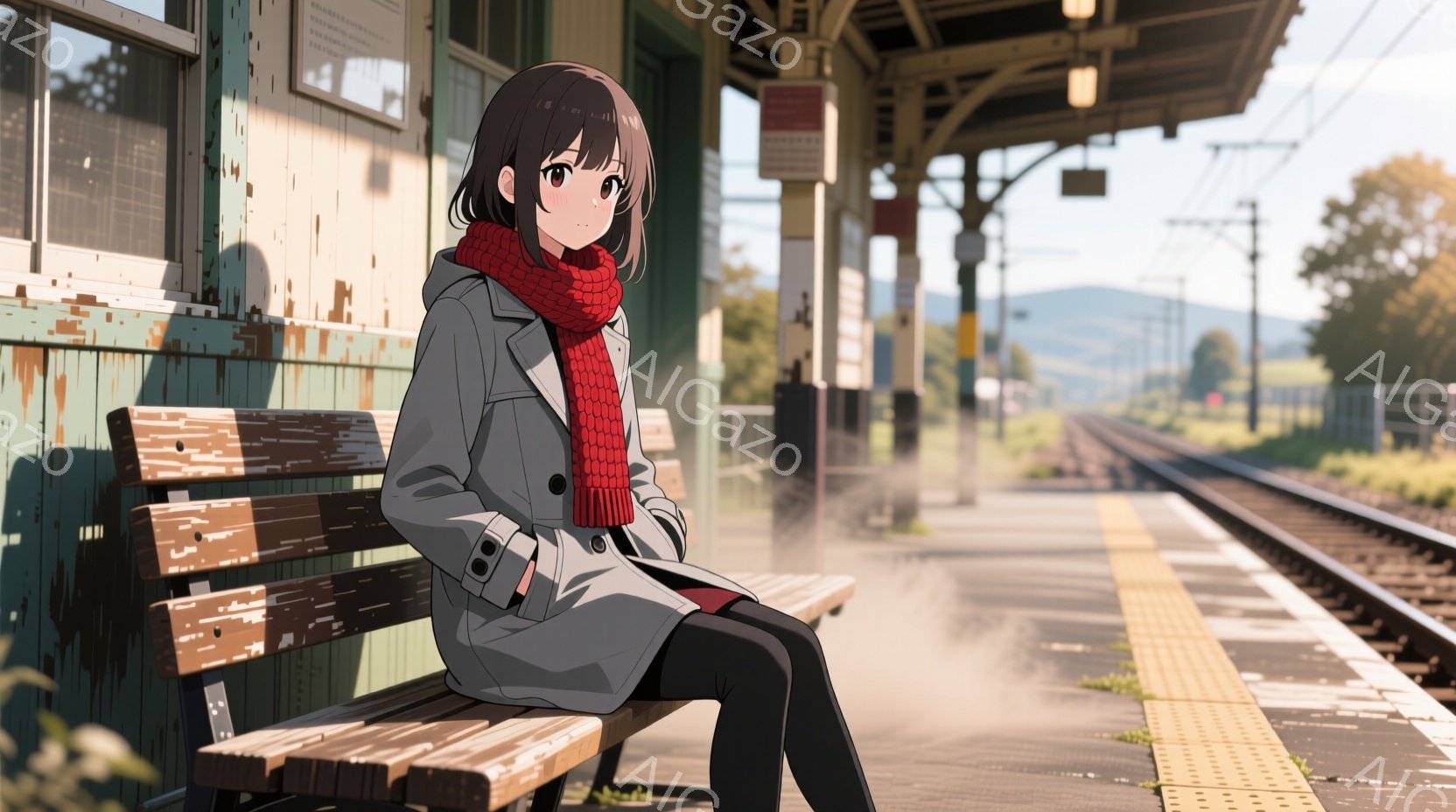 茶髪の少女が、鉄道の駅のベンチに座っている。彼女は白いコートと赤いマフラーを身につけ、少し寂しげな表情をしている。背景には、線路、草地、遠くの山々が見え、空気中に白い息が立ち上る冬の日の風景が描かれている。