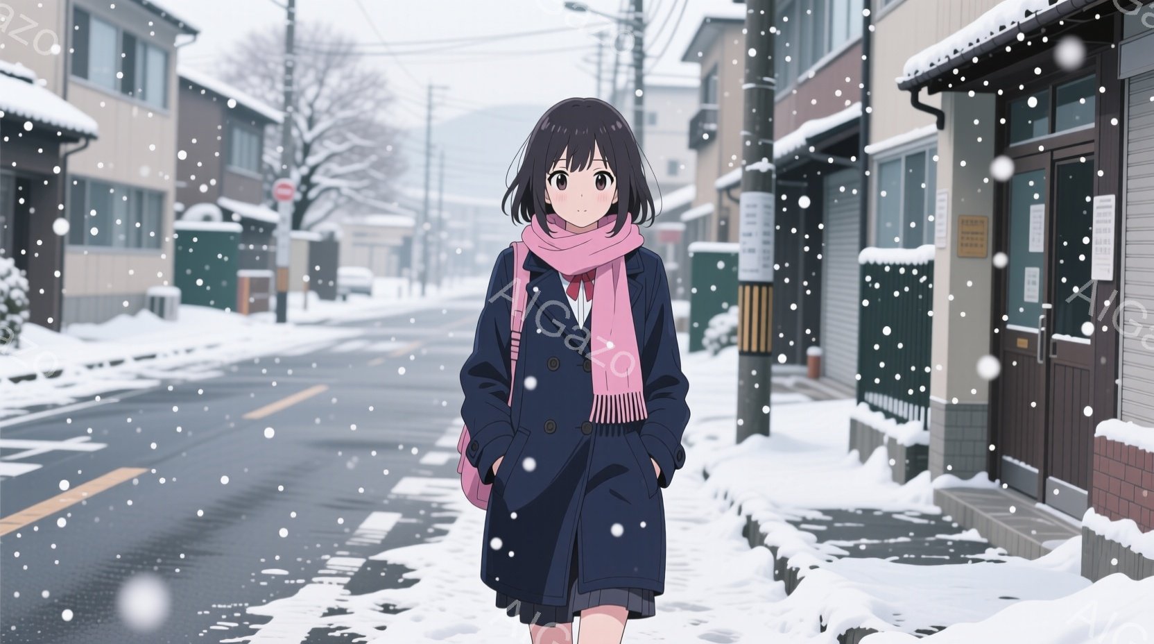 少女は紺色のコートとスカート、ピンクのマフラーを身につけ、肩にリュックサックをかけて雪の降る道を歩いている。彼女は黒髪で、少し微笑んだ表情をしており、前を向いて落ち着いた姿勢で立っている。背景には雪景 - AI生成フリー素材