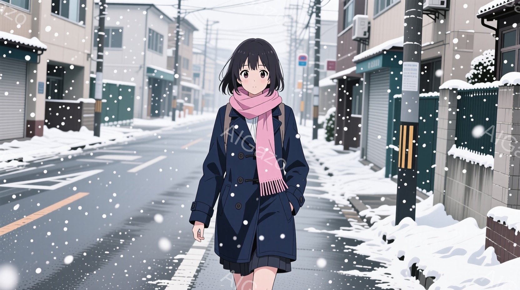 茶髪のショートヘアの女性が、紺色のコートとピンクのストールを身に着けて、雪が降る街路を歩いている。彼女は少し微笑んでおり、リラックスした表情で、片手に何かを持っているようだ。背景には、雪で覆われた建物 - AI生成フリー素材