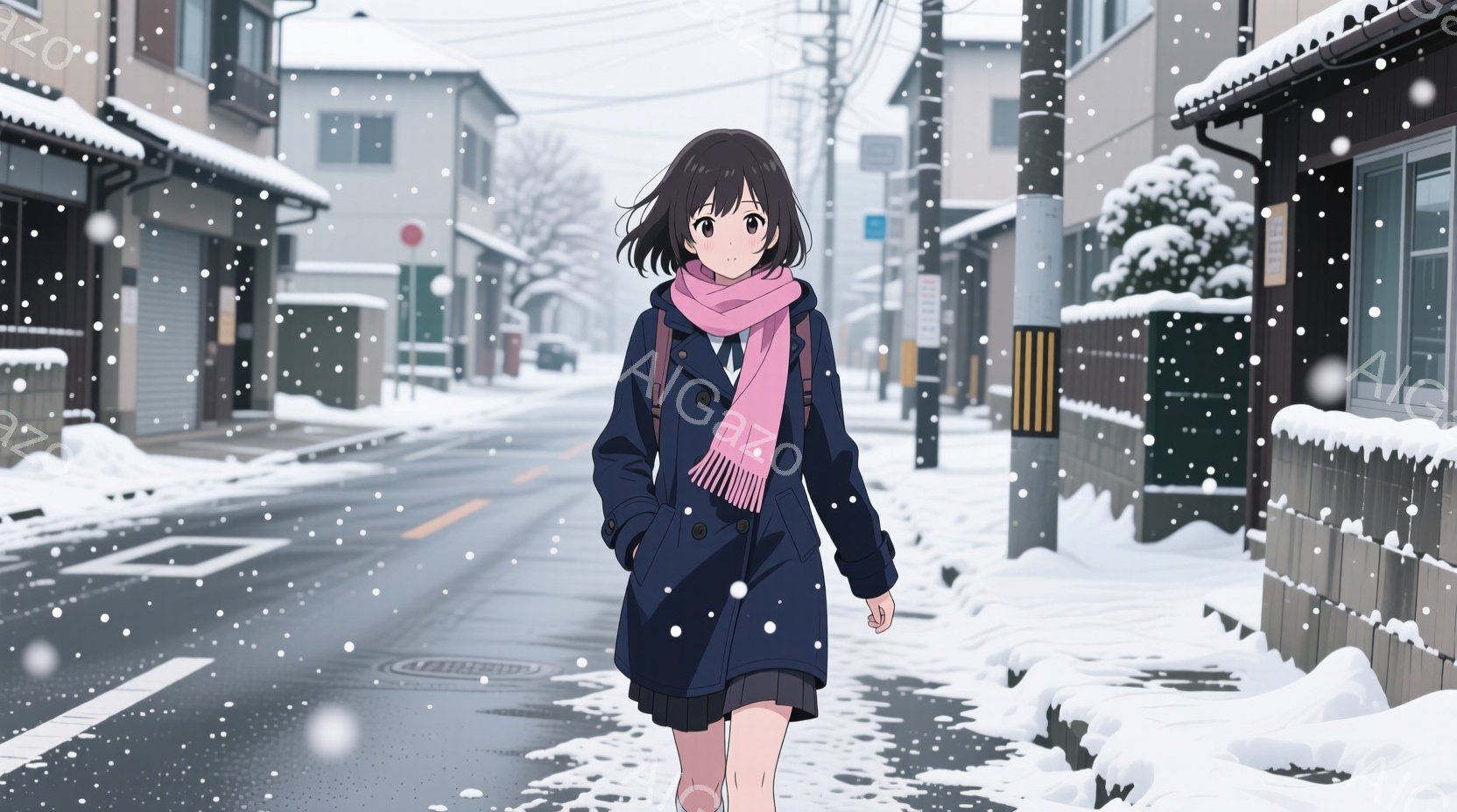 少女は紺色のコートとピンクのマフラーを身につけ、雪が降る街路を歩いている。彼女は黒髪で、少し微笑んでいるような表情をしており、前を見据えている。背景には、雪で覆われた建物や電柱が見え、冬の静かで穏やか - AI生成フリー素材